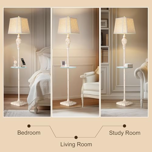 Vintage Floor Lamp with Nightlight and Glass Tray, Farmhouse Standing Lamp with White Washed Finish and Linen Shade, 65" Rustic Tall Lamp Decor for Living Room, Bedroom, Office, House (Bulb Included) - Image 5