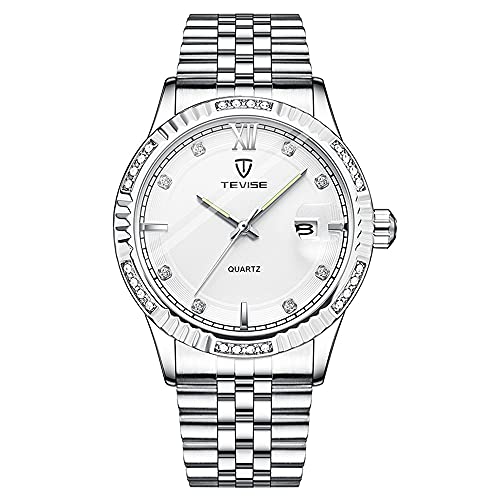 Herrenuhr Herren Edelstahl Wasserdicht Armbanduhr Metallarmband Analog-Quarz Silber Diamant Leuchtendes Ziffernblatt Cover