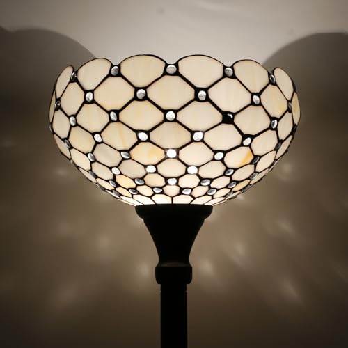 Image of WERFACTORY Tiffany Floor Lamp Cream Amber Stained Glass Torchiere Light