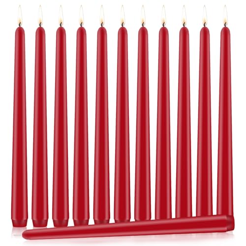 Christmas Red Taper Candles - Non-Toxic, Non-Smoking, 10-inch, 7-8 Hour Burn Time, Non-Drip, Odorless, Perfect for Dinner and Household (Set of 12)