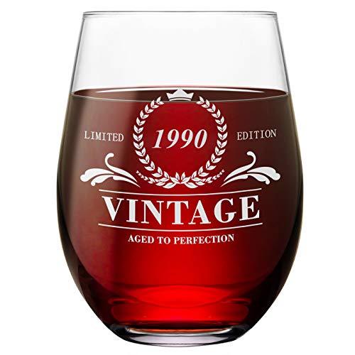 31th Birthday Gifts for Women & Men Stemless Wine Glass Vintage 1990 Gift Ideas Anniversary Wine Glass 30 Years Old Funny Gift for Mom, Dad, Wife, Husband 16oz