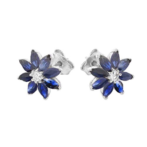 Exotic 14k Gold Daisy Diamond and Genuine Sapphire Flower Stud Earrings