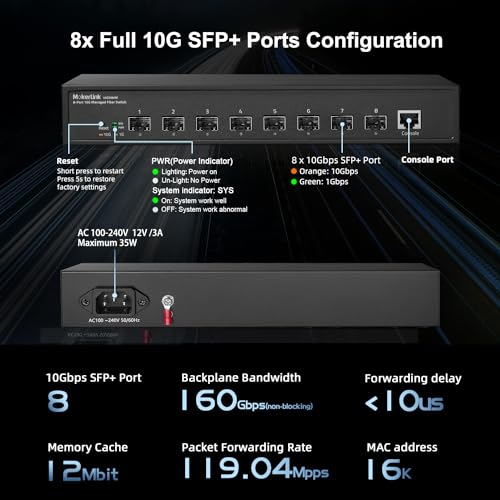 Image of MokerLink 8 Port 10G SFP+ Managed Fiber Switch, 1G /10G SFP Slot, L3 Web /CLI Managed, 160Gbps Bandwidth Desktop|Rackmount Network Switch