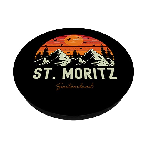 Retro St. Moritz Switzerland PopSockets Swappable PopGrip, Black - Image 2