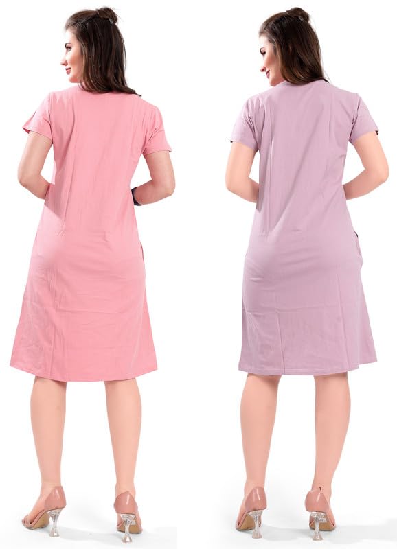 Image of Printed Knee Length Pocket Night Dresses for Women | Cat Lover | Premium Soft Cotton Nighty | Blue and Maroon