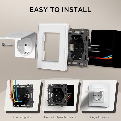 BSEED Steckdose mit Abdeckdung aus Glas, EU-Standard Wandsteckdose mit Krallen, Einbausteckdose, Einfach Montage, Neu E-Serie, 16A 250V, 157mm 2 Fach Schwarz