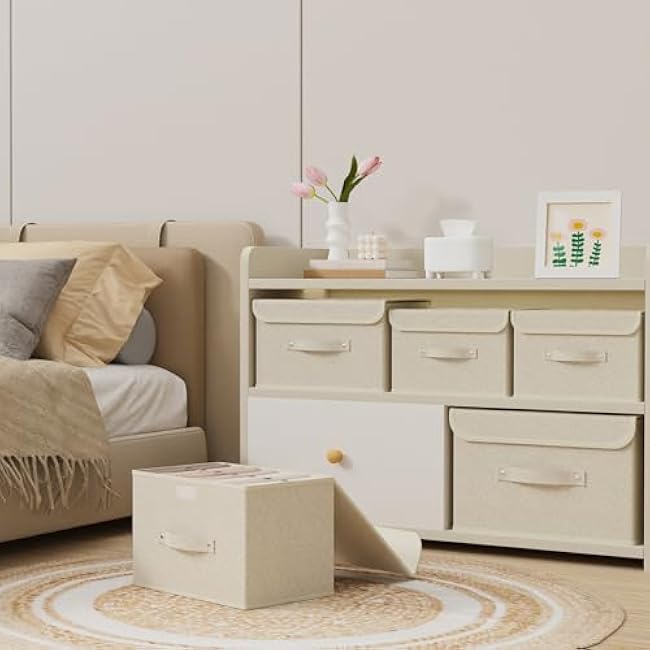 Storage Boxes, Collapsible Storage Bins with Lids, Cotton and linen cloth Storage Baskets with Handle, for Books, Closet, Bedroom, Home, 10.2x7.9x6.7 in, Grey and Beige