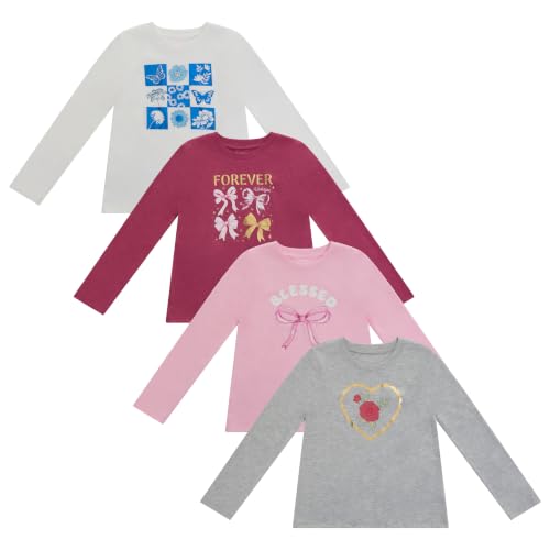 Image of BTween Girls 4 Pack Long Sleeve Graphic T-Shirts Cotton Blend, Fun Vibrant Designs