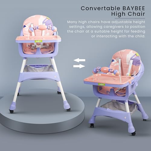 Image of Baybee 3 in 1 Auro Baby High Chair for Kids | Feeding Chair with 3 Height Adjustable & Basket, Booster Seat with Food Tray, Toy Bar & Safety Belt | High Chair for Baby 6 Months to 4 Years Boys Girls (Pink)