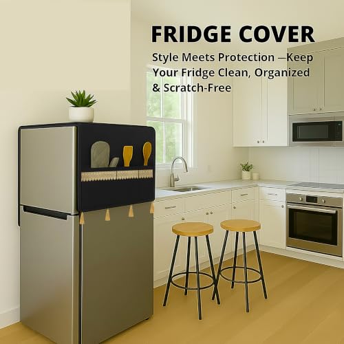 Image of Refrigerator Single Door Waterproof, Dustproof, Tassel Lace Refrigerator Top Cover, Protective Cover for Fridges with Extra Storage Space Nylon Top cover with 6 Storage Pockets ( Black, 130 x 54 cm )