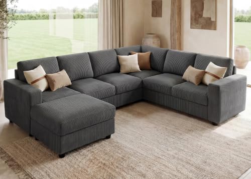 Image of HONBAY 7 Seaters U Shape Corduroy Sectional Sofa for Living Room, Dark Grey | 7 Seaters Sofa with Storage,U Shaped Sofa,Removable Covers