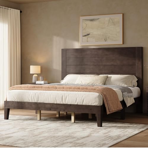 Image of AMERLIFE King Size Bed Frame with 48 inch Tall Headboard, Mid Century Modern Solid Wood Platform Bed with Silent Wood Slat System, No Box Spring Needed, Under-Bed Storage, Dark Walnut