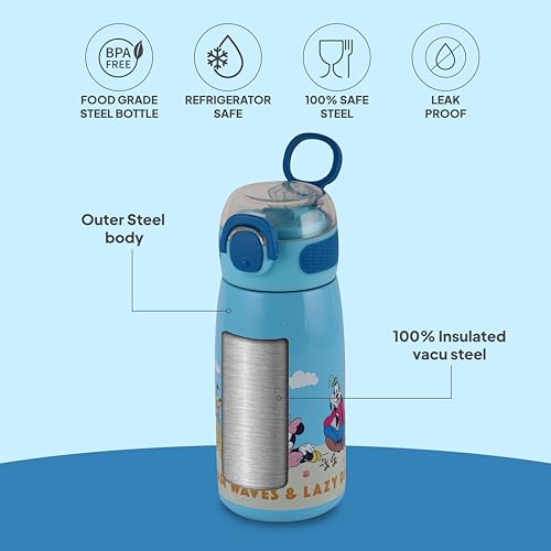 Image of Cello Kidzbee Flare 450 Insulated Stainless Steel Sipper Water Bottle 444 ml, Light Blue | Mickey Family Cartoon Design Hot & Cold Bottle | Vacuum Insulated Leakproof Easy to Carry Bottle for Kids