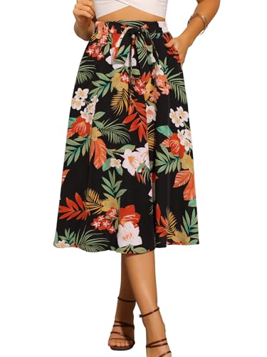 Allegra K Floral Boho Midi Skirt for Women Elastic Waist A-Line Flowy Summer Beach Skirt with Pocket