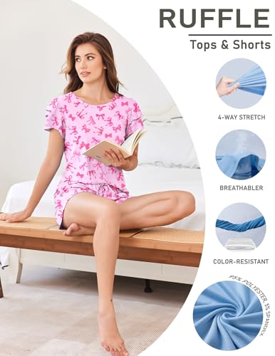 Image of Ekouaer Womens Pajama Sets 2 Piece Ruffle Sleeves Top and Shorts Pjs | Soft Sleepwear Cute Loungewear Set with Pockets for Sleep, Lounge, Wedding, Party, Bridal