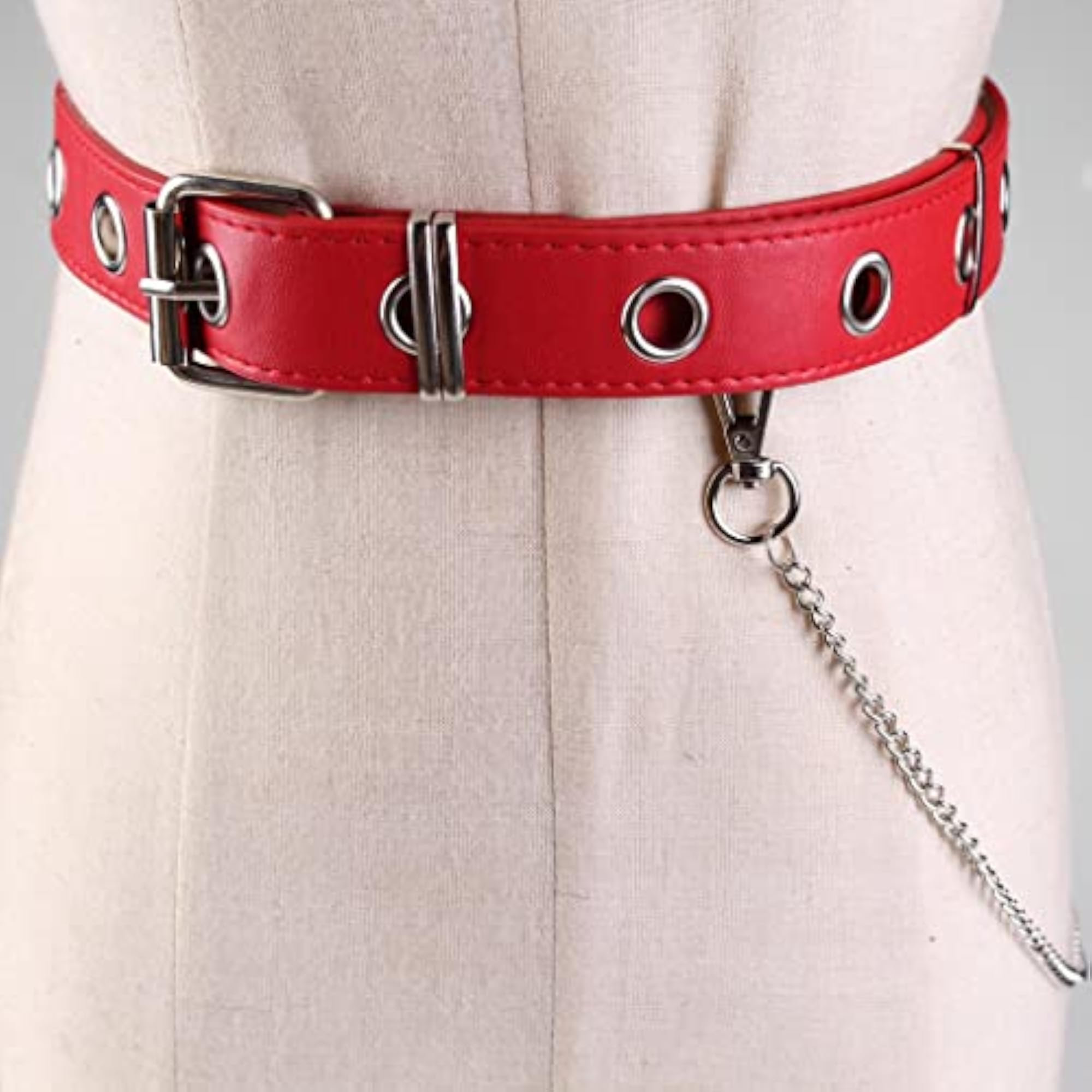 Women's Punk Hollow Leather Waist Belt with Metal Chain, Red