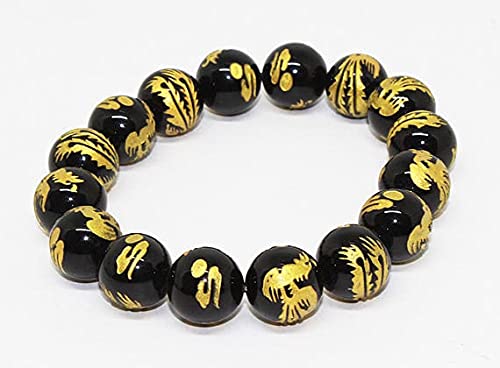 Bracelet perles quartz noir 12mm LKBEADS avec dragon gravé pour homme et femme