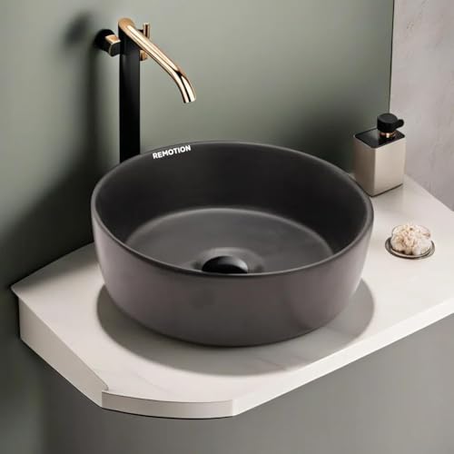 Image of REMOTION Round Countertop Wash Basin For Bathroom | Tabletop Ceramic Bathroom Sink | Wash Basin Over Counter | Wash Basin For Living Room, Resturent (12.5 x 12.5 x 5 Inch) (Matte Black)
