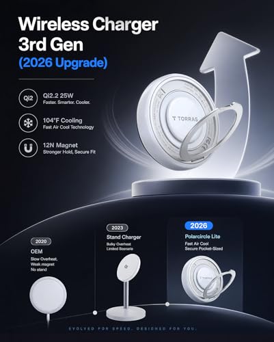 Image of TORRAS Qi2.2 25W Wireless Charger, Magnetic Charger for Phone 17 16 15 14 13, Samsung Galaxy S26 S25, Phone Wireless Charger, Phone Charger Stand with Cable and Plug, White