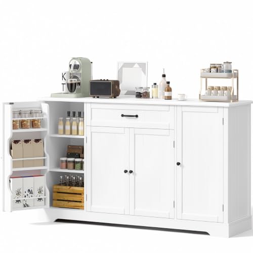 Xbro Aparador de Cocina con Cajón y 4 Puertas, 142 × 40 × 83 cm, Blanco | Mueble Cocina Auxiliar con Gran Encimera y Dispositivo Antivuelco, para Cocina, Salón y Comedor, de Estilo Moderno