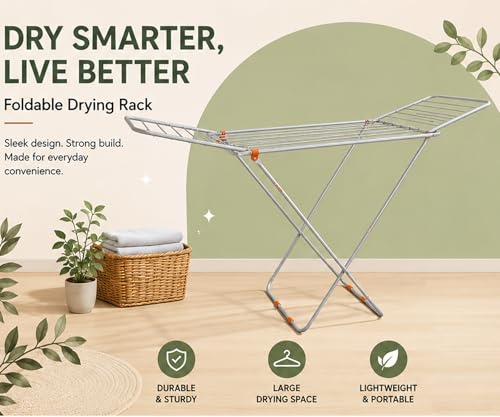 Image of BENAVJI Mild Steel Cloth Drying Stand - 3 Way Folding, 42 Feet Drying Length, 20 Drying Rails, Lightweight