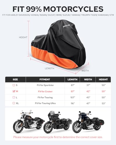 Image of Benlari Upgraded Waterproof Motorcycle Cover Compatible with Cruiser, Softail Standard, Dyna, Forty-Eight, Nightster Special, Street Bob 114, Fat Bob 114, Sport Glide (87 inch x 42 inch x 50 inch)
