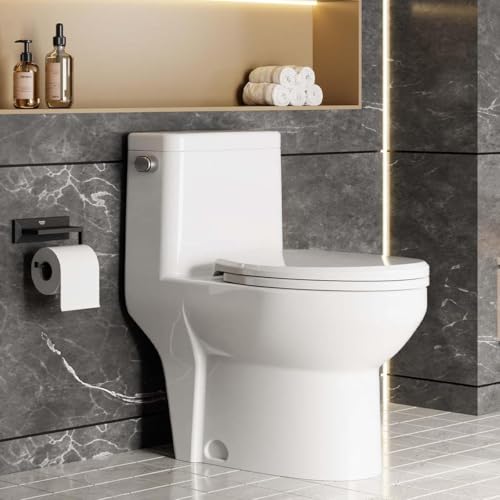 Inodoro de una pieza, tipo alargado con asiento de cierre suave, descarga lateral de 1.27 GPF, altura cómoda del asiento, cubierta en forma de V, fácil de limpiar, inodoro moderno para baño