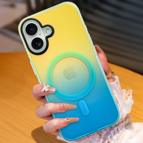 Image of AIGOMARA Magnetic Case for iPhone 17, Compatible with Magsafe, Fluorescent Iridescent Case for Women Girls, Shockproof Translucent Matte Protective Cover 6.3 Inch 2025, Green Blue