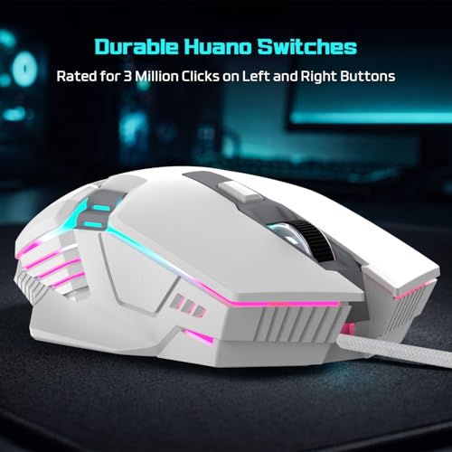 Image of EvoFox Starter Series Spectre USB Wired Gaming Mouse with Upto 3600 DPI Gaming Sensor | 6 Buttons Design | Upto 7 Million Clicks | 7 Colours Rainbow Lighting | 1.5m Braided Cable (White)