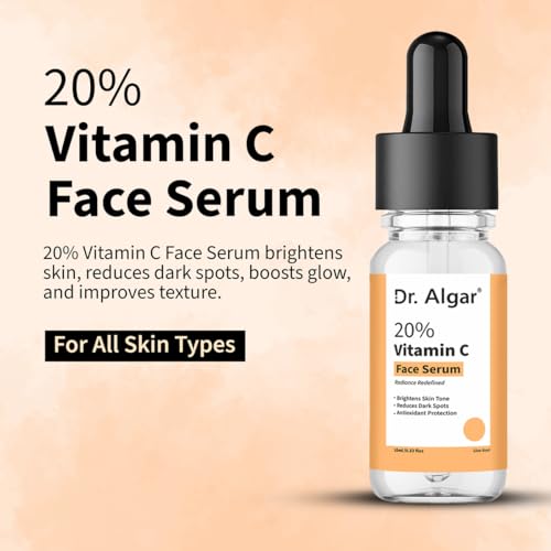 Image of Dr. Algar 20% Vitamin C Serum for Glowing Skin | Vitamin C + Ferulic Acid | Water-Based Formula | Highly Stable Serum for Women and Men | Beginner-Friendly | 10 ml