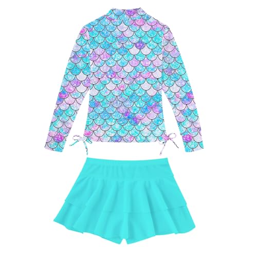 Image of Vogseek 3-12T Girls Rash Guard 2 Pieces Bathing Suit Long Sleeve Swimsuit Swimming Skirt with Shorts Swimwear