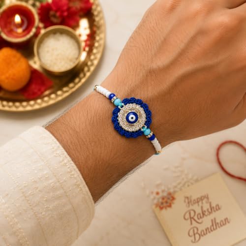 Image of Designer Evil Eye Rakhi For Brother Men Boys | Handcrafted With Soft Cotton Thread | With Crochet Floral As Base | Evil Eye Rakhi For Brother Boys Men | Multicolour