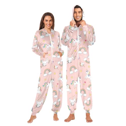 CHIFIGNO Pijama de una sola pieza con cremallera para adultos, diseño de unicornio, arcoíris, rosa, con capucha, Lindo unicornio arcoíris rosa, Medium