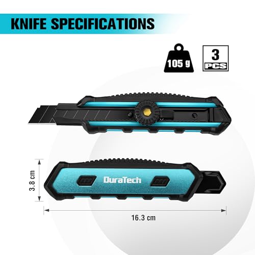 DURATECH Set van 3 professionele stofferingsmessen 18 mm met draaislot, SK5 gebroken messen met 10 reservemesjes, uitschuifbare universele messen voor karton en papier - Afbeelding 3