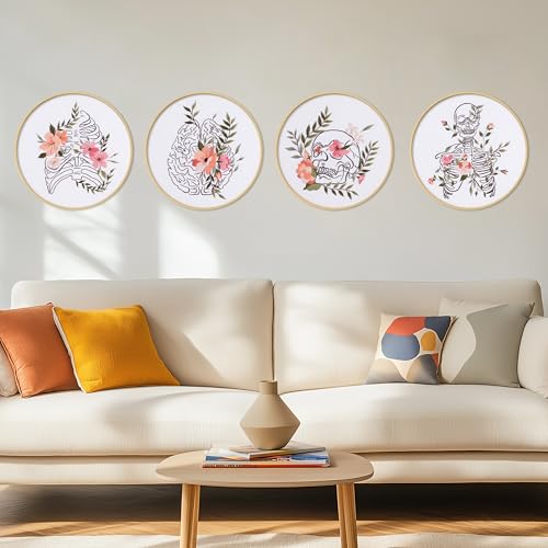 Image of KEKEMEOW 4 Pack Skeleton Flower Embroidery Starters Kit for Beginners Embroidery Starting Sets for Adults with Stamped Patterns Colorful Threads Step by Step Instructions Hoop Needles Tools