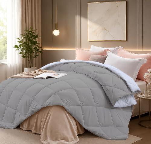Image of Super Comfort Microfiber 500 GSM Reversible Winter Comforter for Double Bed Rajai /Blanket Diamond Stitch (90 inch x 100 inch Inches /228cm x 254cm) - Comforter Double Bed|Silver /Sky Blue