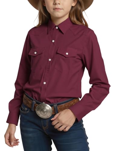 Image of Noomelfish Girls Long Sleeve Western Pearl Snap Button Down Shirt Cowgirl Outfits Blouse Tops (5-14 Years)