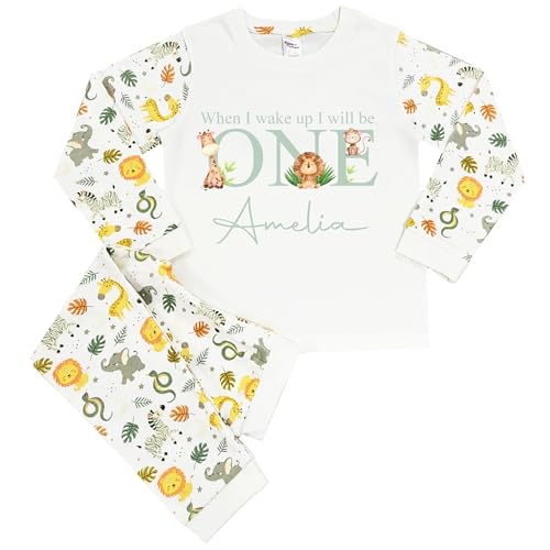 The Baby Box UK Personalised Jungle Pyjamas Girls Boys When I Wake Up I Will Be PJs 1st Birthday (Jungle Sage Safari 1, 1-2 Years)