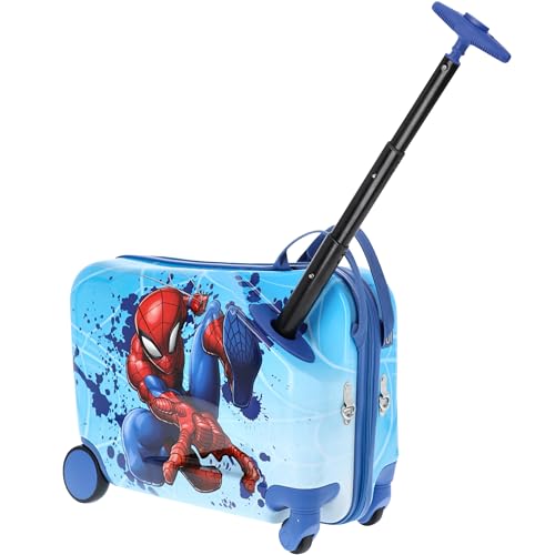 FUL Marvel Spider-Man 19 Inch Carry On Luggage, Kids Ride On Suitcase with Spinner Wheels, Hardshell Rolling Travel Trolley, Blue