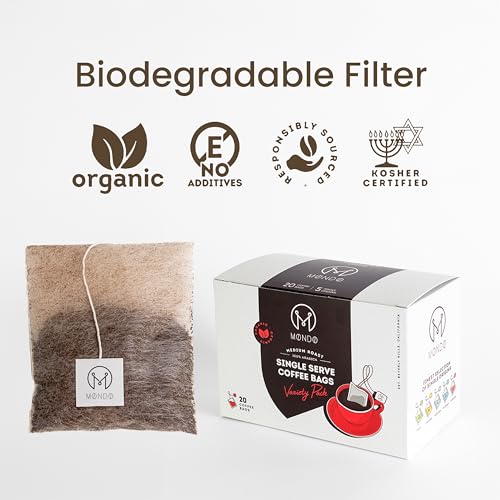 Mondo Single Serve Coffee Bags (20 Cups) Variety Pack - Organic, Medium Roast - Disposable, Portable Coffee Filters for Camping and Travel, Sampler Box of 5 Ground Coffee Flavors