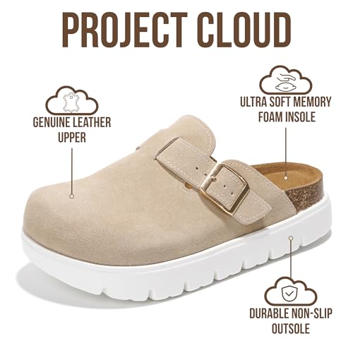 Image of Project Cloud 100% Genuine Leather Platform Clogs for Women Footwear - Memory Foam Arch Support Cork Footbed Casual Shoes & Mules for Women 2026 (Benton Chunky)