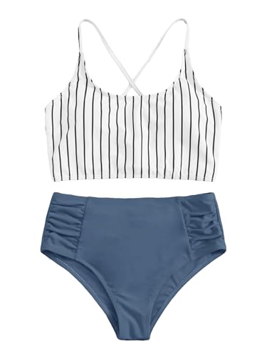 SweatyRocks Women's Bathing Suits Striped Criss Cross Bikini Set High Waisted Swimsuits