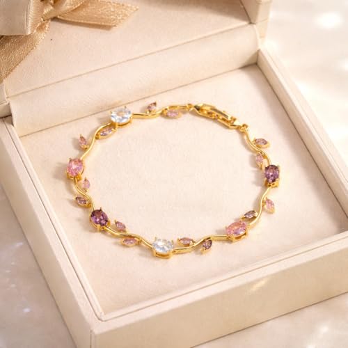 Image of H&K Jewels Tulip Bracelet with Multicolour Gemstones, Pink, Purple & Clear Oval Marquise Crystals, Korean Purple & Pink Gemstones, 18K Gold Plated, Anti-Tarnish & Waterproof, Gift for GF and Wife