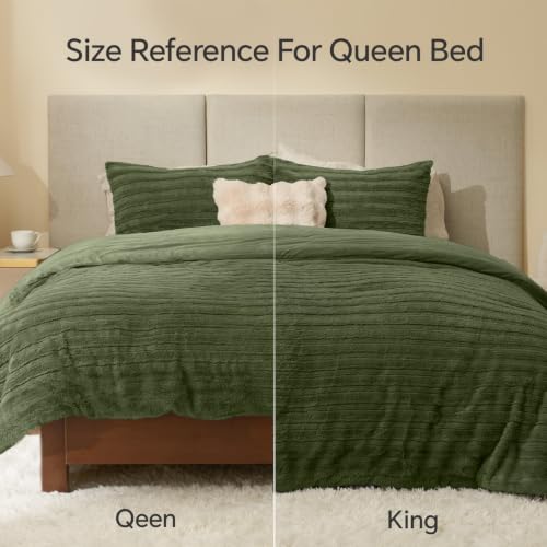 Image of BEDELITE Faux Fur Queen Comforter Set, Fluffy Bed Set, Olive Green | Super Soft & Warm, Luxury Fuzzy Cozy Comforter for Winter, Heavy Plush Bed set, with 2 Pillowcases