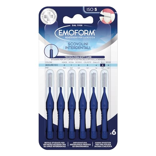 Scovolino Interdentale Emoform Blu 6 Pz. con Tecnologia SoftCare per un Contatto Extra Delicato sulle Gengive grazie alle Setole Morbide - Impugnatura Antiscivolo con Cappuccio per l'igiene Orale
