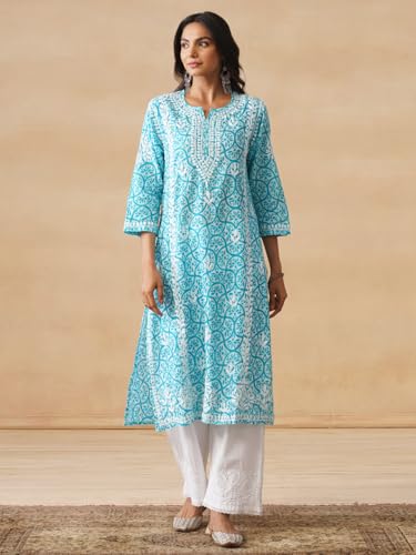 Image of Aidah Chikankari Mulmul Straight Kurta |Chikankari | Short Kurti Lucknowi Turquoise Blue