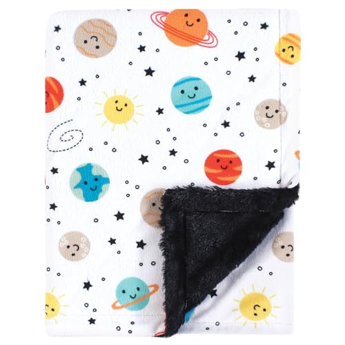 Image of Hudson Baby Unisex Baby Plush Blanket with Furry Binding and Back, Happy Planets, One Size
