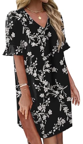 Image of OFEEFAN Summer Dresses for Women Ruffle Short Sleeve V Neck Casual Shift Dress with Pockets
