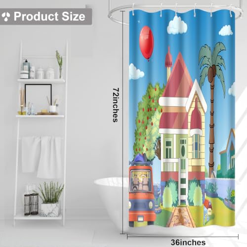 Image of Blue Them Balloon Cartoon House 36x72 Decorative Shower Curtain With Hooks | Bluey Backdrop With Cartoon House Red Balloon Print, Polyester Shower Curtain, With Hooks For Bathroom Decoration