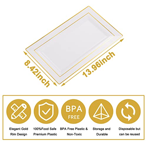 Sut 12 Pack White Plastic Serving Trays With Gold Rim, 13 X 8 Inch Rectangle Food Trays, Disposable Platters Cookie Serving Trays For Parties, Trays For Serving Food, Wedding And Birthday Plastic Tray #TOP5